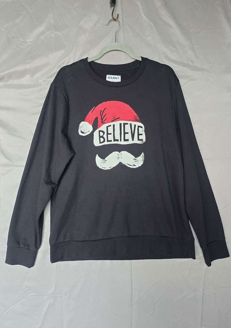 Old Navy Sweatshirt Mens XL Black Believe Santa Hat Mustache Christmas Fleece